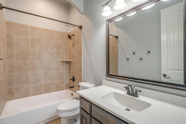 full bath featuring vanity, shower / tub combination, and toilet