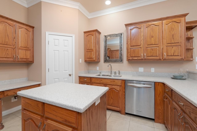 kitchen featuring a sink, stainless steel dishwasher, crown molding, and light tile patterned floors