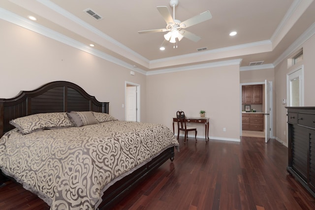 bedroom featuring crown molding, visible vents, and dark wood-style flooring