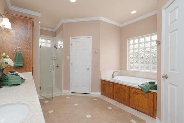 bathroom featuring tile patterned flooring, a stall shower, crown molding, and a bath