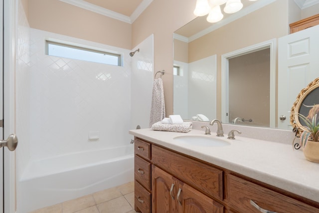 bathroom with vanity, tile patterned floors, shower / tub combination, and ornamental molding