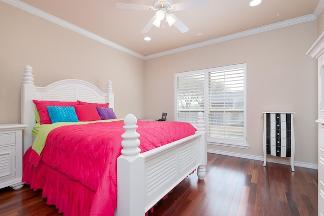 bedroom with recessed lighting, baseboards, wood-type flooring, and crown molding