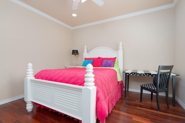 bedroom with a ceiling fan, wood finished floors, baseboards, recessed lighting, and crown molding