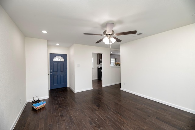 entrance foyer featuring visible vents, wood finished floors, recessed lighting, baseboards, and ceiling fan