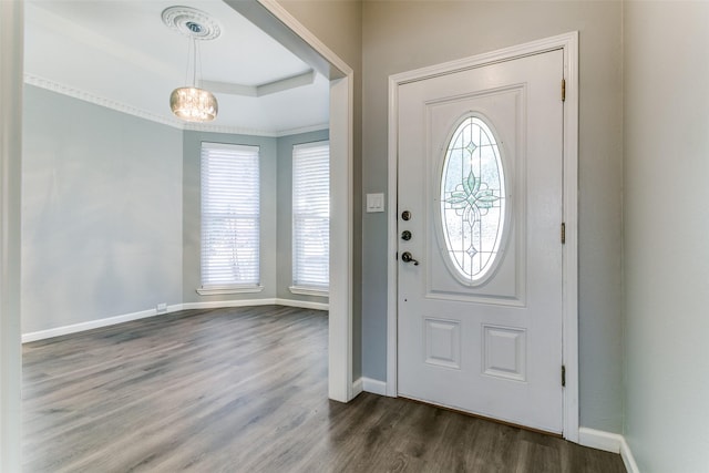 foyer entrance featuring a tray ceiling, dark wood-type flooring, and baseboards