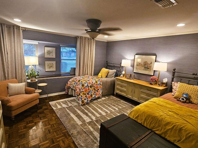 bedroom with recessed lighting, visible vents, ornamental molding, and wallpapered walls