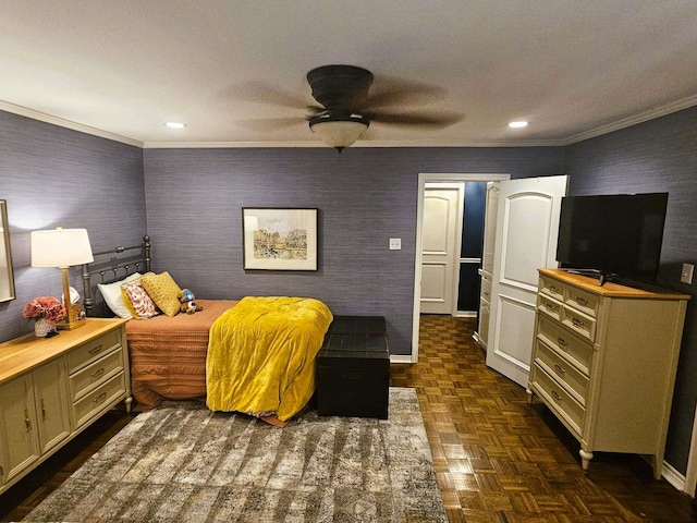 bedroom with recessed lighting, baseboards, ceiling fan, and ornamental molding