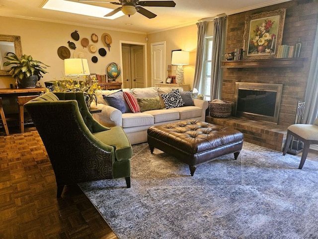 living area featuring a brick fireplace, a ceiling fan, and ornamental molding