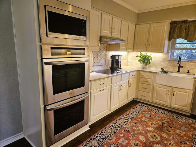 kitchen featuring under cabinet range hood, a sink, dark wood-style floors, appliances with stainless steel finishes, and crown molding