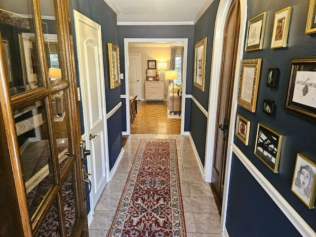 hall featuring french doors and ornamental molding