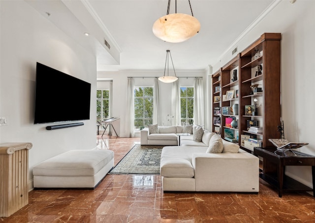 3401 Lee Pkwy Unit 3A, Dallas, TX 75219 - living area featuring ornamental molding and marble tiled floors