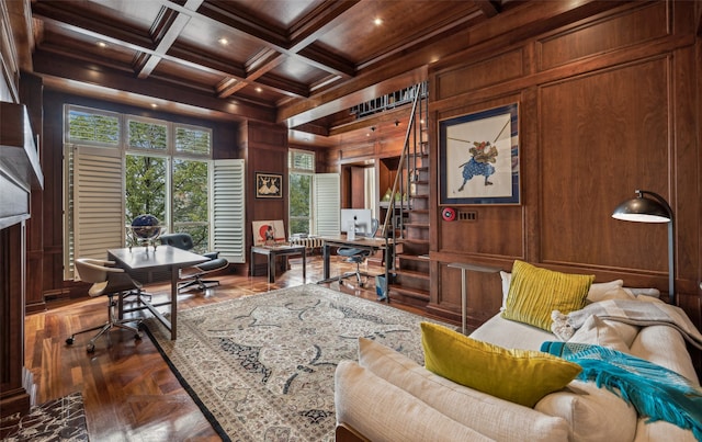 3401 Lee Pkwy Unit 3A, Dallas, TX 75219 - office space with wooden walls, wooden ceiling with exposed beams, ornamental molding, coffered ceiling, and recessed lighting