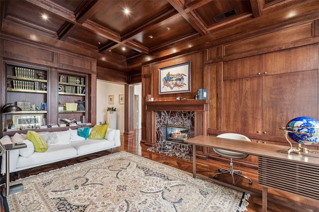 3401 Lee Pkwy Unit 3A, Dallas, TX 75219 - home office with coffered ceiling, a premium fireplace, ornamental molding, wood walls, and wood finished floors