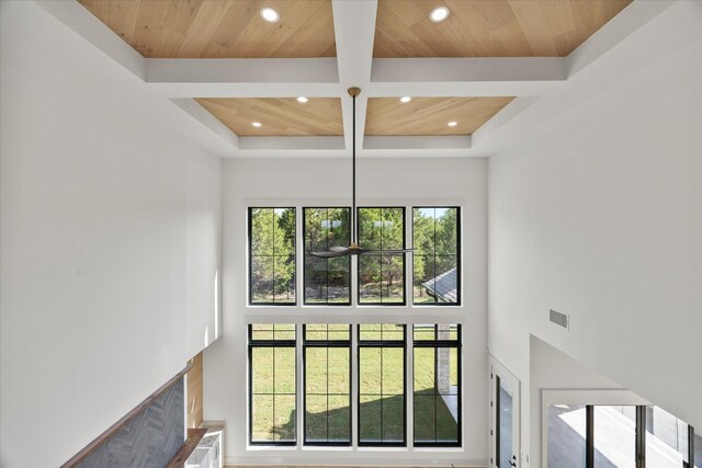 interior space with visible vents, recessed lighting, wooden ceiling, a high ceiling, and coffered ceiling