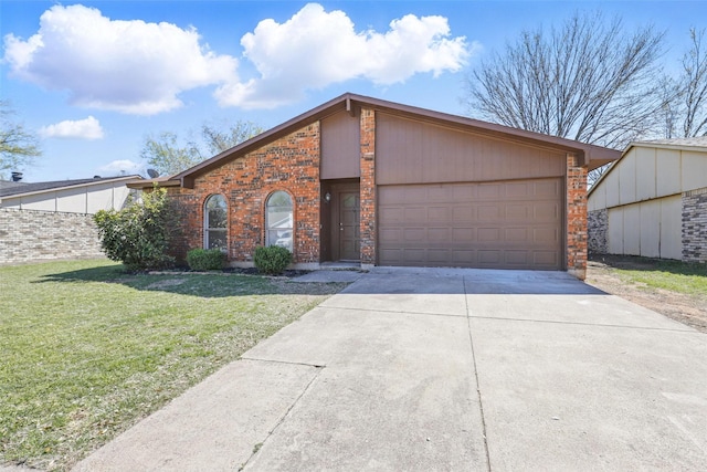 1329 Steinburg Ln, Fort Worth, TX 76134 - mid-century modern home with brick siding, driveway, an attached garage, and a front lawn