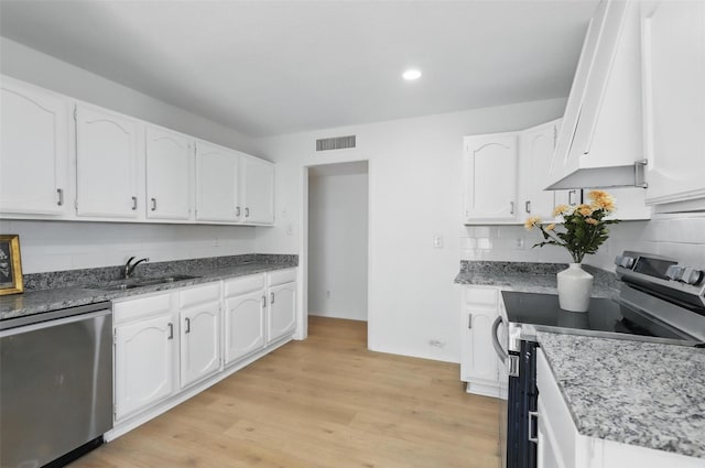 1329 Steinburg Ln, Fort Worth, TX 76134 - kitchen featuring light wood-type flooring, white cabinets, visible vents, decorative backsplash, and stainless steel appliances