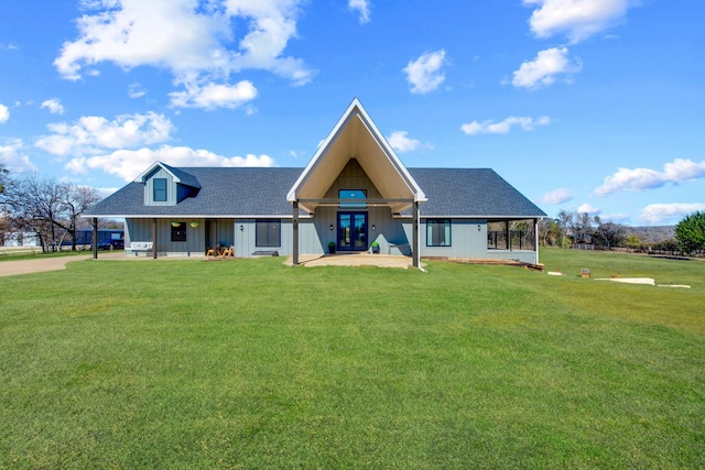 3508 Sentinel Oak Dr, Flower Mound, TX 75022 - view of front of home featuring french doors, board and batten siding, a front yard, and a shingled roof