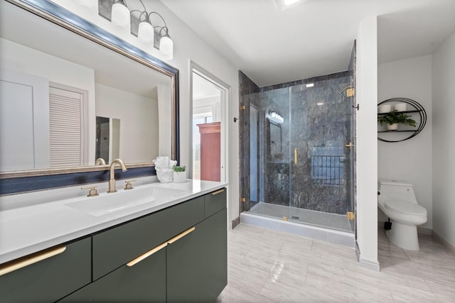 3508 Sentinel Oak Dr, Flower Mound, TX 75022 - full bathroom featuring toilet, a stall shower, vanity, and baseboards