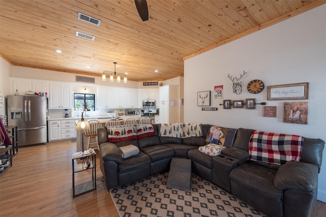 living room with wood ceiling, visible vents, and light wood finished floors
