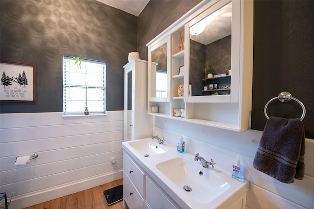 bathroom with a sink, double vanity, wood finished floors, and wainscoting