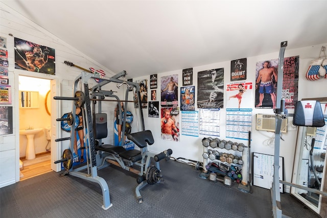workout room with lofted ceiling and a sink