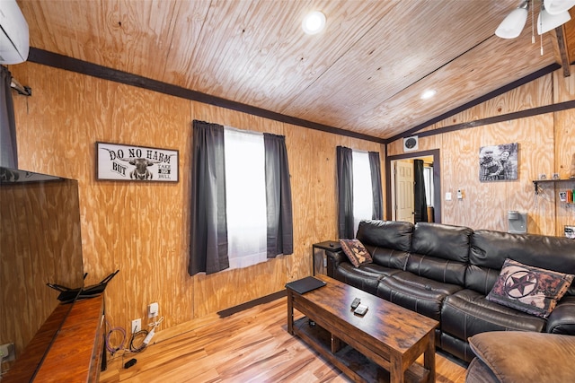living area with wood finished floors, wooden walls, wooden ceiling, and vaulted ceiling