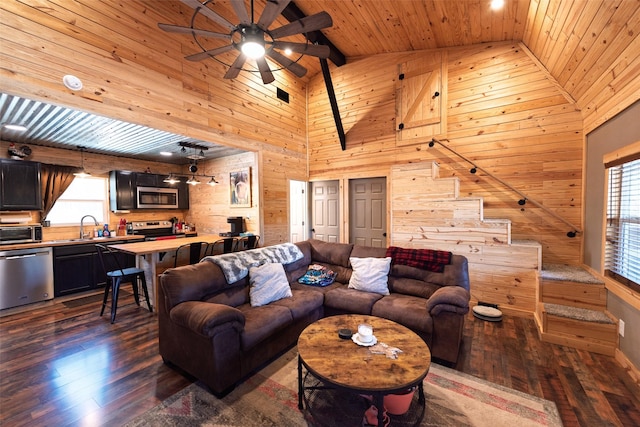 living area featuring dark wood-type flooring, wooden walls, a toaster, wood ceiling, and ceiling fan