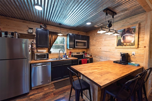 kitchen with visible vents, a sink, stainless steel appliances, wood ceiling, and wood walls