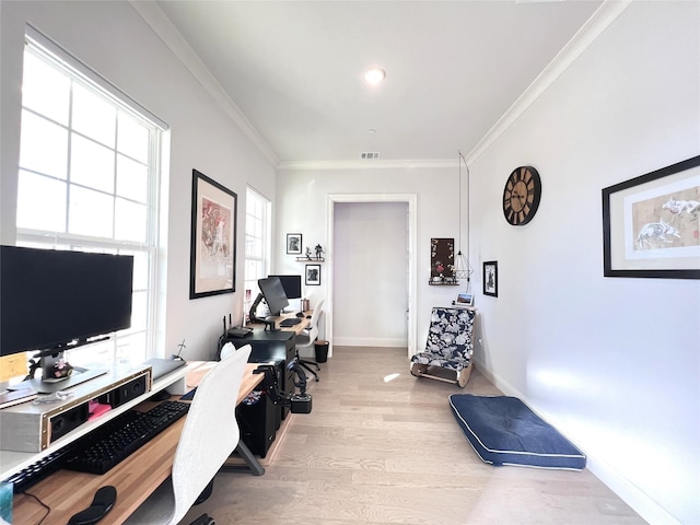 office featuring a healthy amount of sunlight, wood finished floors, and ornamental molding