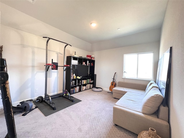 workout area with baseboards and carpet floors