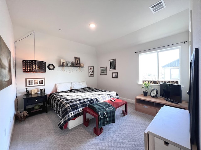 carpeted bedroom featuring visible vents, recessed lighting, and baseboards