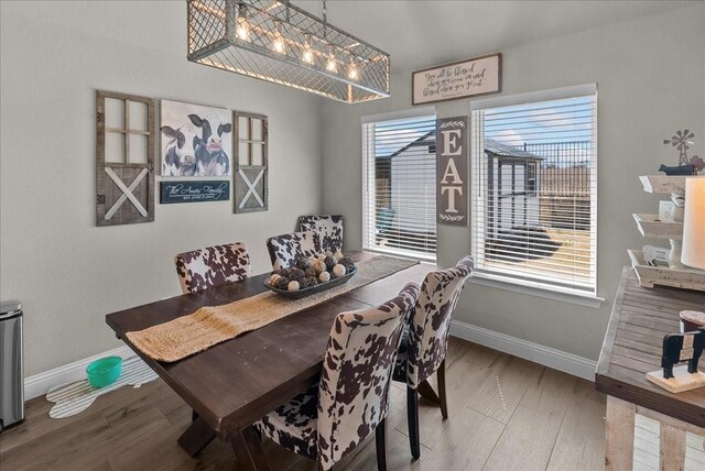 dining area with wood finished floors, a healthy amount of sunlight, baseboards, and an inviting chandelier