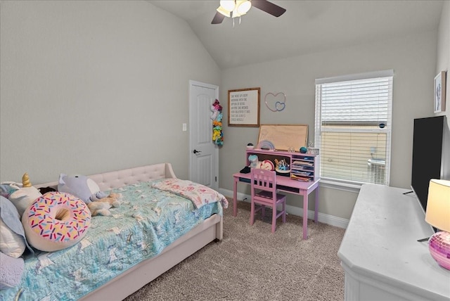 bedroom featuring baseboards, vaulted ceiling, light colored carpet, and ceiling fan