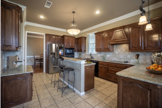12530 Fm 2932, Forney, TX 75126 - kitchen featuring premium range hood, light tile patterned floors, a sink, visible vents, and black appliances