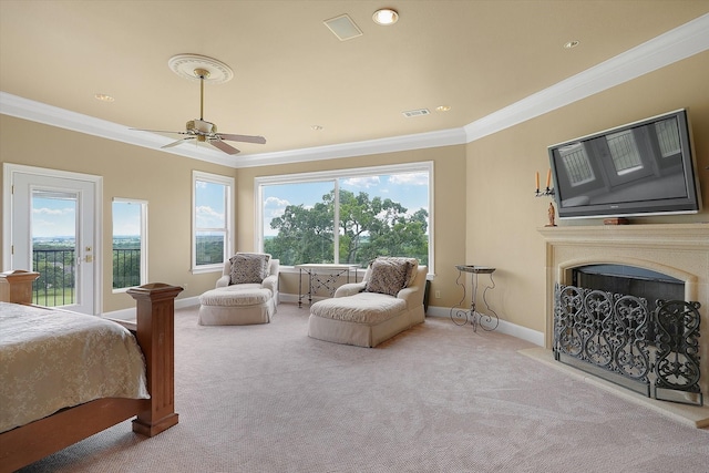 bedroom featuring access to outside, carpet, and ornamental molding