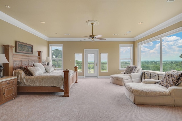 bedroom with a ceiling fan, recessed lighting, access to exterior, crown molding, and light colored carpet