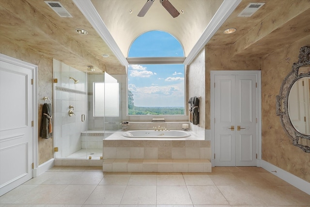 full bath featuring tile patterned flooring, a bath, visible vents, and a stall shower