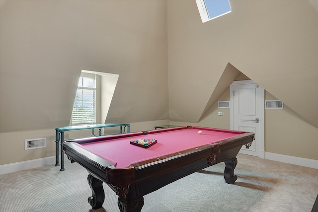 recreation room with visible vents, baseboards, and carpet