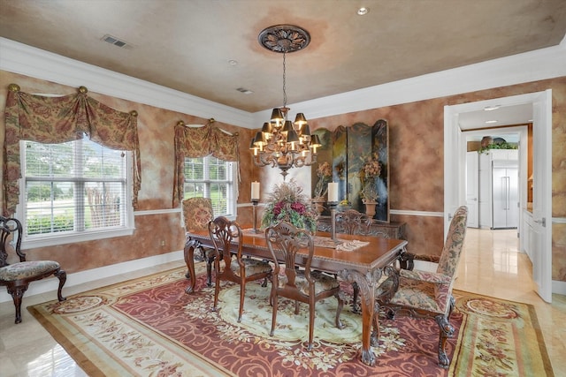 dining space with visible vents, baseboards, an inviting chandelier, and ornamental molding