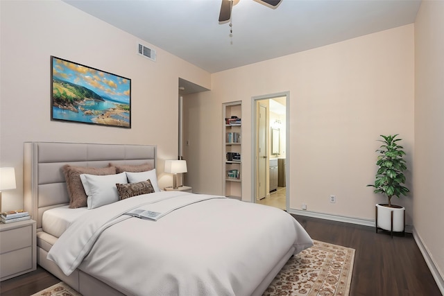 8600 Coppertowne Ln Unit 303C, Dallas, TX 75243 - bedroom featuring dark wood finished floors, baseboards, ensuite bathroom, and a ceiling fan