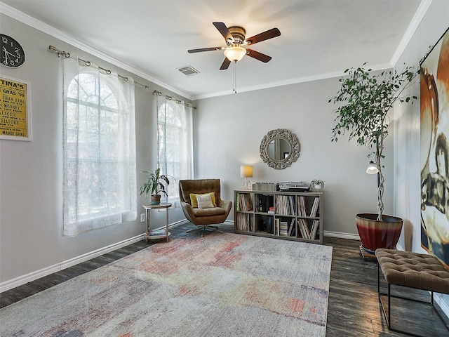 2905 Cabot Ln, Mckinney, TX 75072 - living area with a ceiling fan, baseboards, wood finished floors, and crown molding
