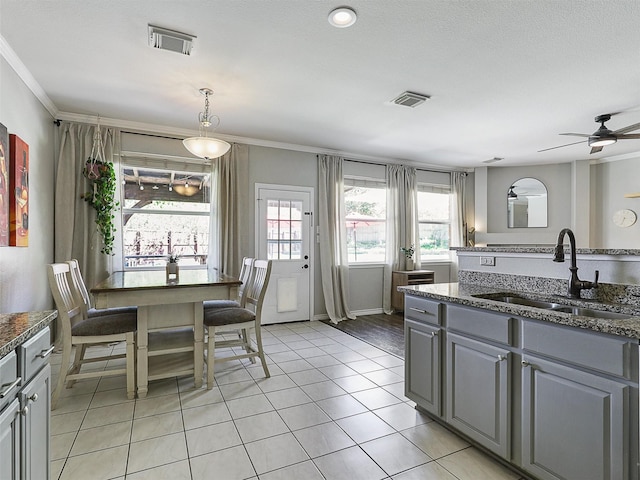 2905 Cabot Ln, Mckinney, TX 75072 - kitchen with a sink, gray cabinetry, ornamental molding, a ceiling fan, and dark stone counters