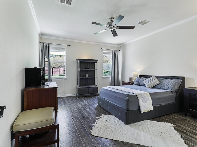 2905 Cabot Ln, Mckinney, TX 75072 - bedroom with wood finished floors, multiple windows, crown molding, a ceiling fan, and baseboards