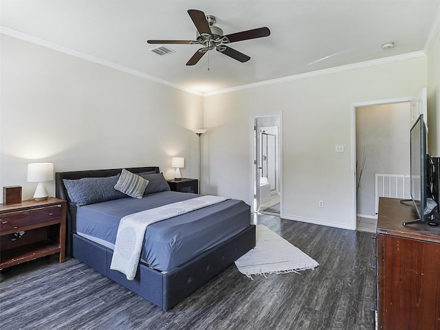 2905 Cabot Ln, Mckinney, TX 75072 - bedroom with wood finished floors, crown molding, baseboards, ceiling fan, and ensuite bathroom