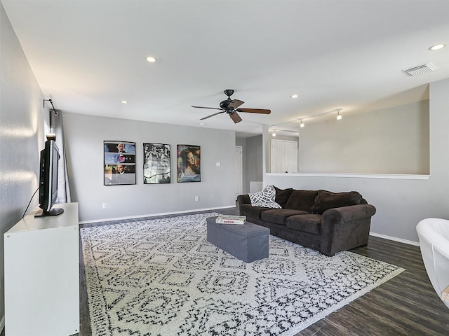 2905 Cabot Ln, Mckinney, TX 75072 - living room with dark wood-style flooring, ceiling fan, recessed lighting, and baseboards