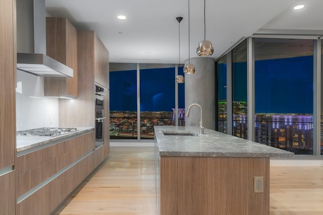 kitchen featuring expansive windows, wall chimney exhaust hood, appliances with stainless steel finishes, and a sink