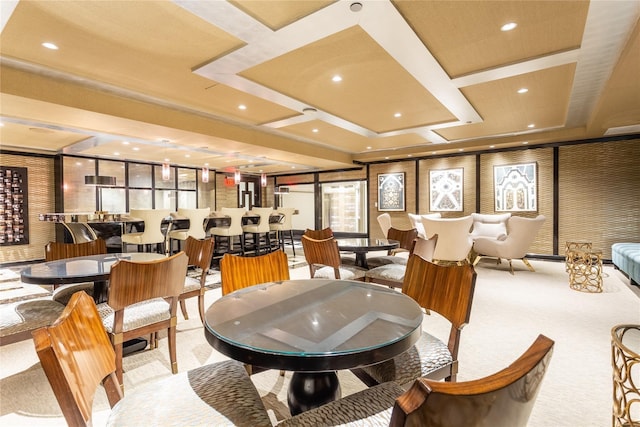 2300 Wolf St Unit 15C, Dallas, TX 75201 - dining room featuring carpet flooring, recessed lighting, coffered ceiling, and a community bar