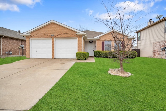 ranch-style home featuring driveway, a shingled roof, a front yard, an attached garage, and brick siding