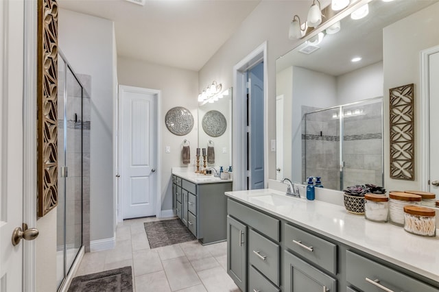 full bathroom with tile patterned floors, visible vents, a stall shower, baseboards, and vanity