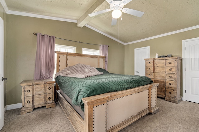 bedroom with carpet flooring, a textured ceiling, vaulted ceiling with beams, and crown molding